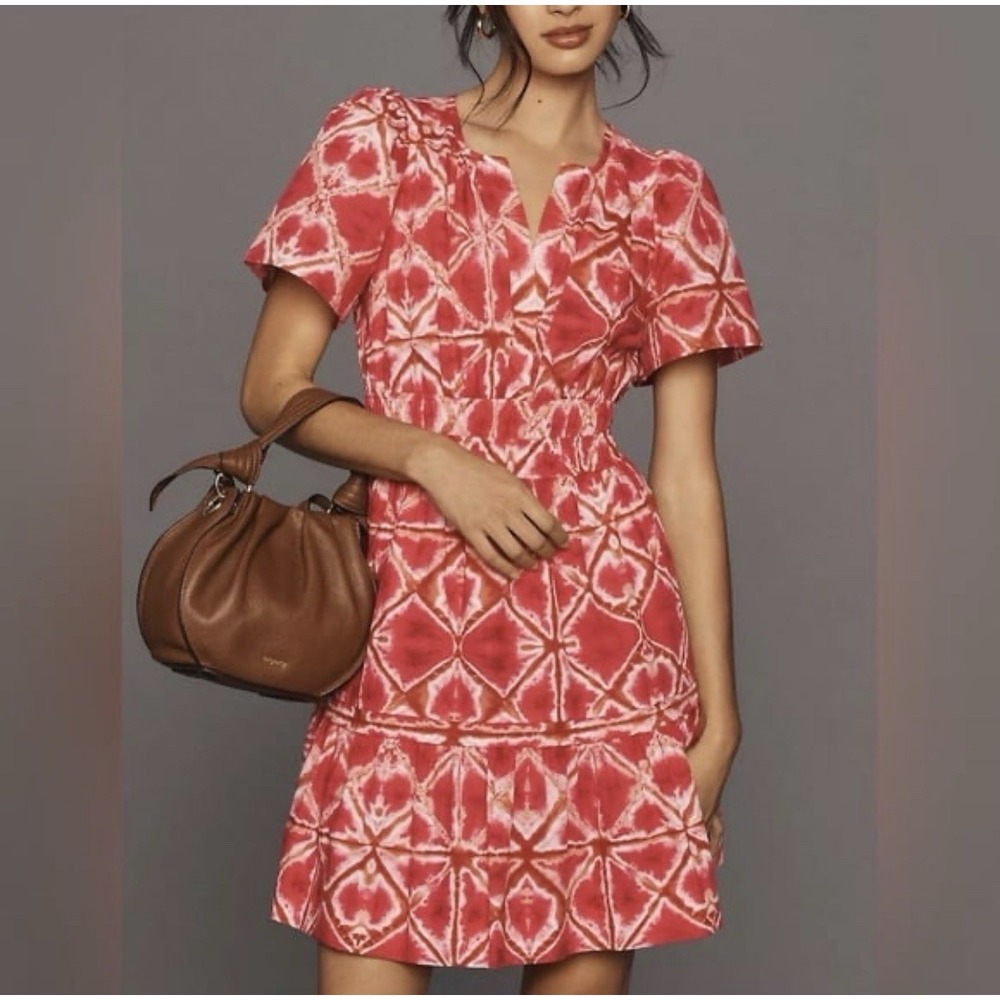 Anthropologie The Somerset Mini Dress in Pink Smocked Poplin Cotton Size X Small